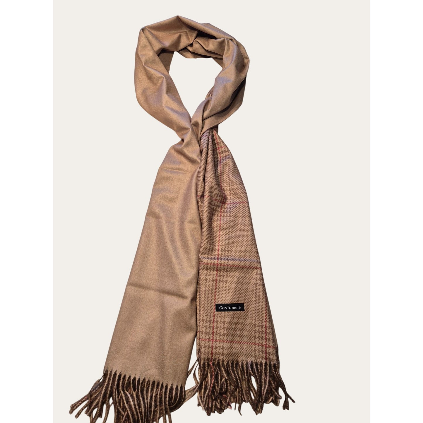 Luxurious Cashmere Tan Plaid Scarf With Fringe Trim For Men & Women