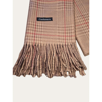 Luxurious Cashmere Tan Plaid Scarf With Fringe Trim For Men & Women