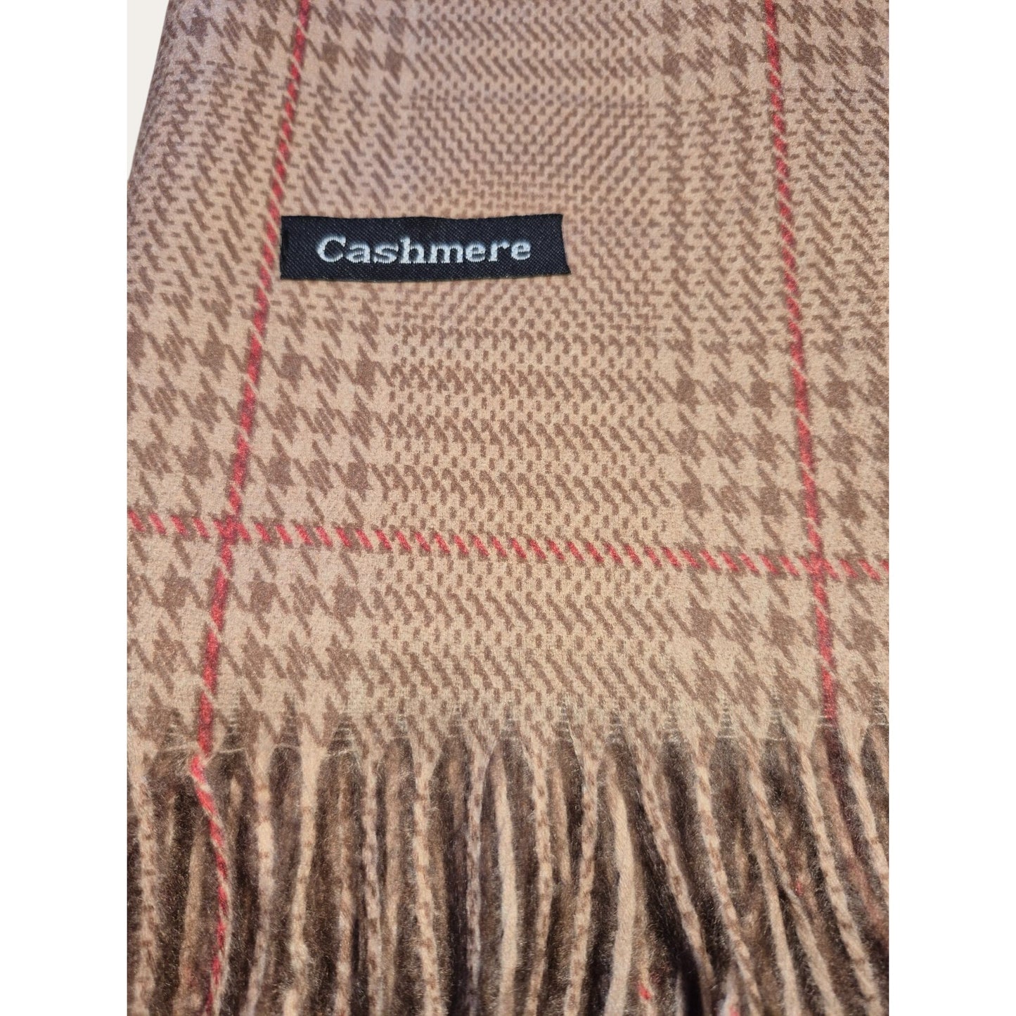 Luxurious Cashmere Tan Plaid Scarf With Fringe Trim For Men & Women