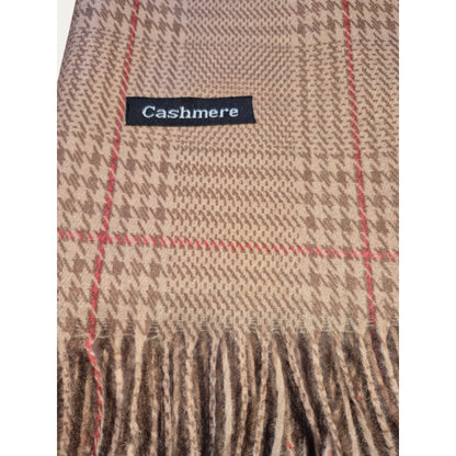 Luxurious Cashmere Tan Plaid Scarf With Fringe Trim For Men & Women