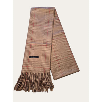 Luxurious Cashmere Tan Plaid Scarf With Fringe Trim For Men & Women