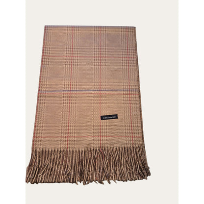 Luxurious Cashmere Tan Plaid Scarf With Fringe Trim For Men & Women