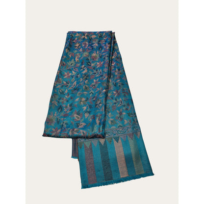 Teal Floral Woven Scarf with Frayed Edge