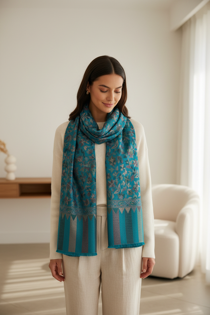 Teal Floral Woven Scarf with Frayed Edge