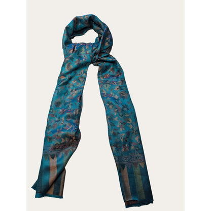 Teal Floral Woven Scarf with Frayed Edge