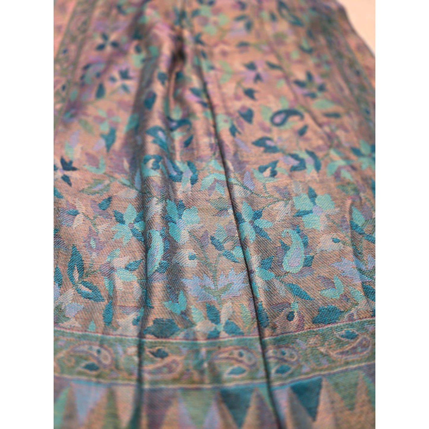 Teal Floral Woven Scarf with Frayed Edge