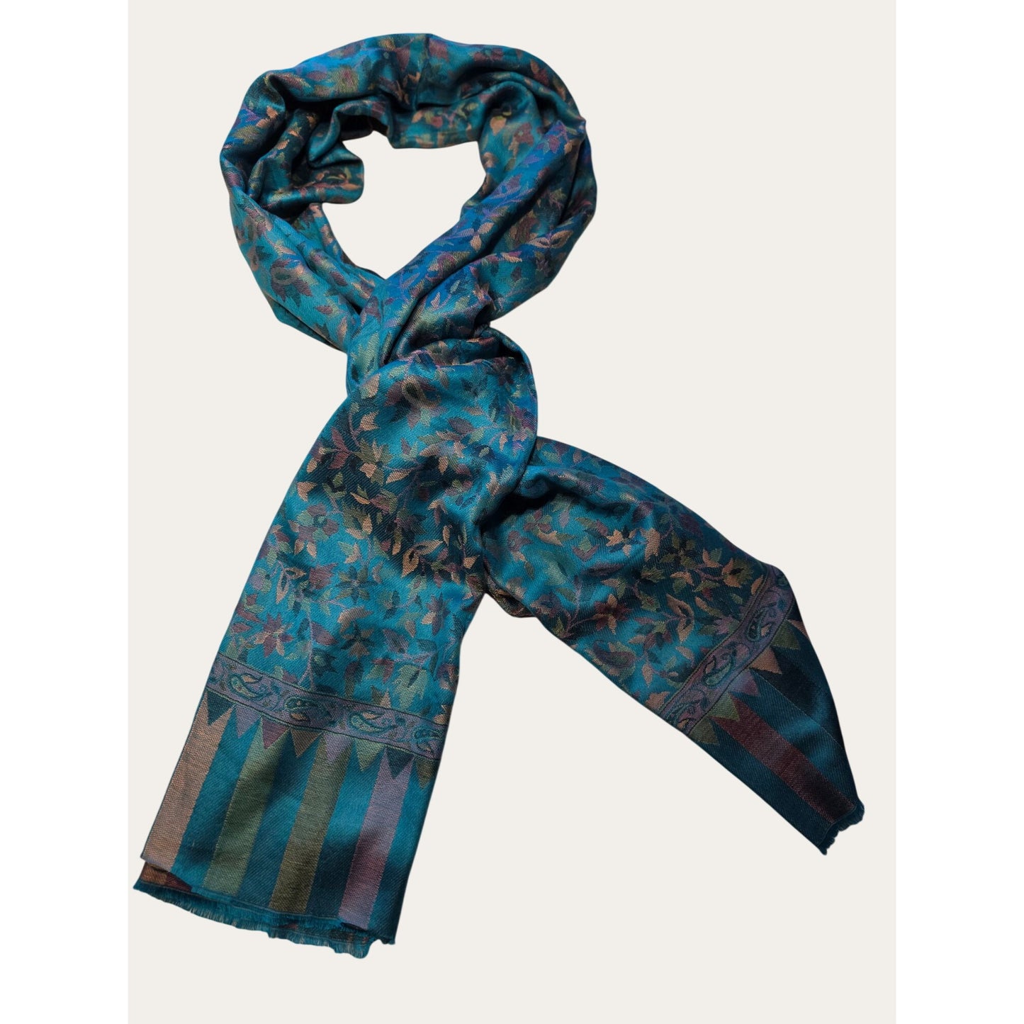 Teal Floral Woven Scarf with Frayed Edge