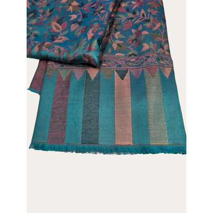 Teal Floral Woven Scarf with Frayed Edge