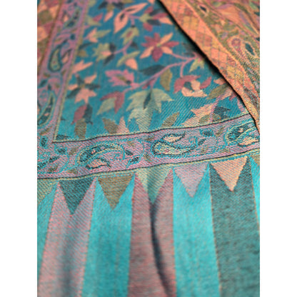 Teal Floral Woven Scarf with Frayed Edge
