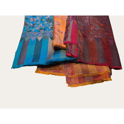 Teal Floral Woven Scarf with Frayed Edge