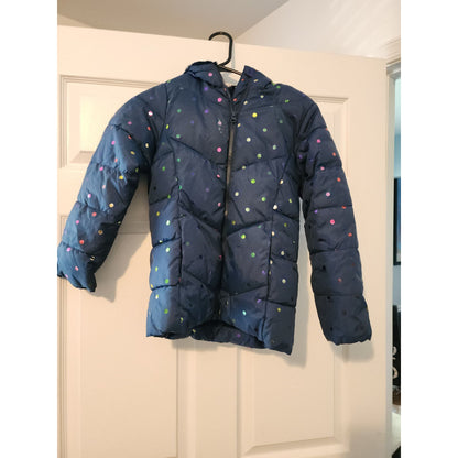 Girls Swiss Tech blue rainbow polka dot hooded winter puffer Jacket Medium 7-8