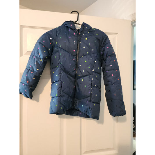 Girls Swiss Tech blue rainbow polka dot hooded winter puffer Jacket Medium 7-8