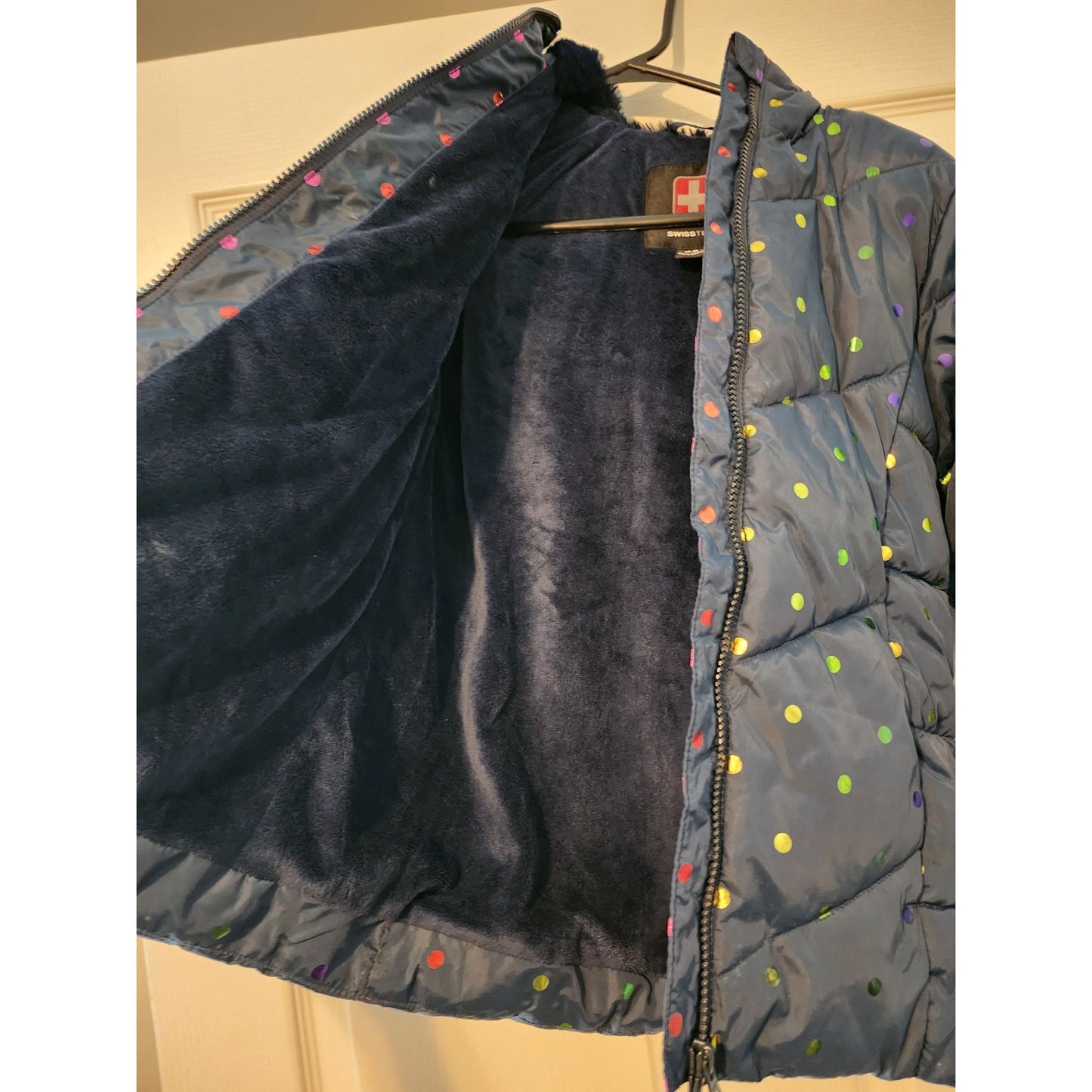 Girls Swiss Tech blue rainbow polka dot hooded winter puffer Jacket Medium 7-8