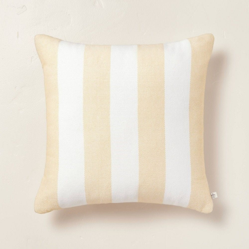 18"x18" Bold Stripe Indoor/Outdoor Square Throw Pillow Gold/Cream - Hearth & Hand™ with Magnolia