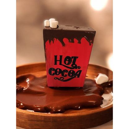 Hot Cocoa Wooden Block Decoration With Dripping Chocolate & Faux Marshmallows