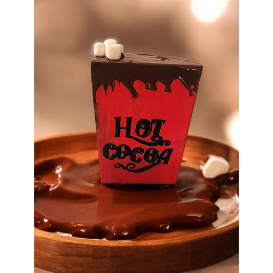 Hot Cocoa Wooden Block Decoration With Dripping Chocolate & Faux Marshmallows