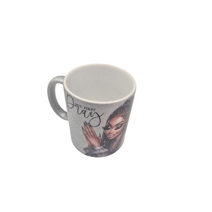 Handmade 12 oz Coffee Mug – “But First Pray” Glitter Silver Cup | Inspirational Prayer Mug | Faith Gift for Women, Coffee & Tea Cup