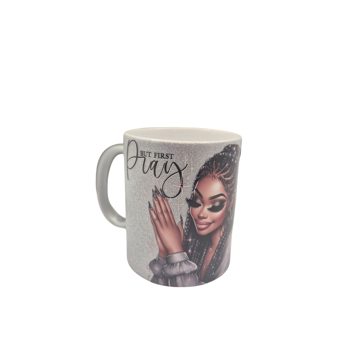 Handmade 12 oz Coffee Mug – “But First Pray” Glitter Silver Cup | Inspirational Prayer Mug | Faith Gift for Women, Coffee & Tea Cup