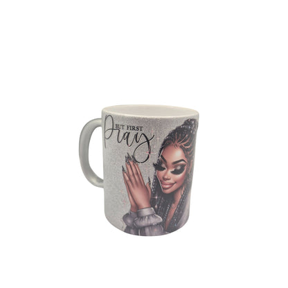 Handmade 12 oz Coffee Mug – “But First Pray” Glitter Silver Cup | Inspirational Prayer Mug | Faith Gift for Women, Coffee & Tea Cup