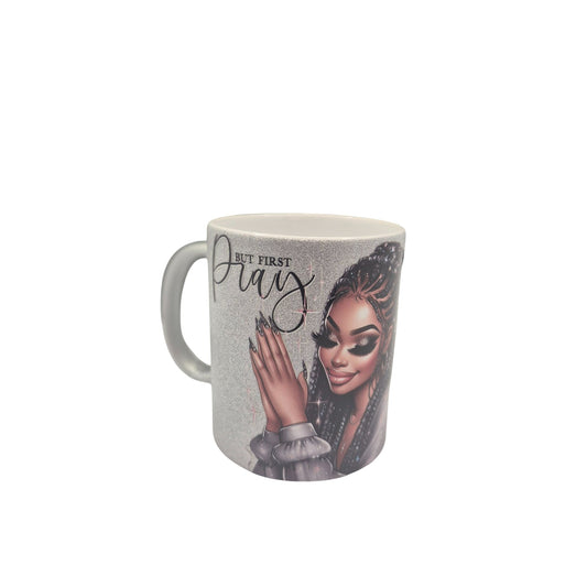 Handmade 12 oz Coffee Mug – “But First Pray” Glitter Silver Cup | Inspirational Prayer Mug | Faith Gift for Women, Coffee & Tea Cup