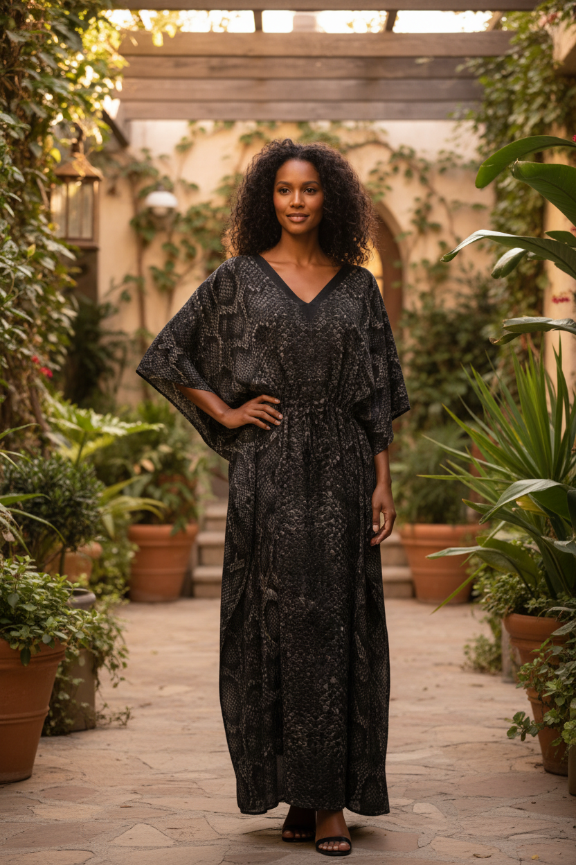 Womens Boho Kaftan Dress Flowy Resort Lounge Caftan Cover Up Snake Print