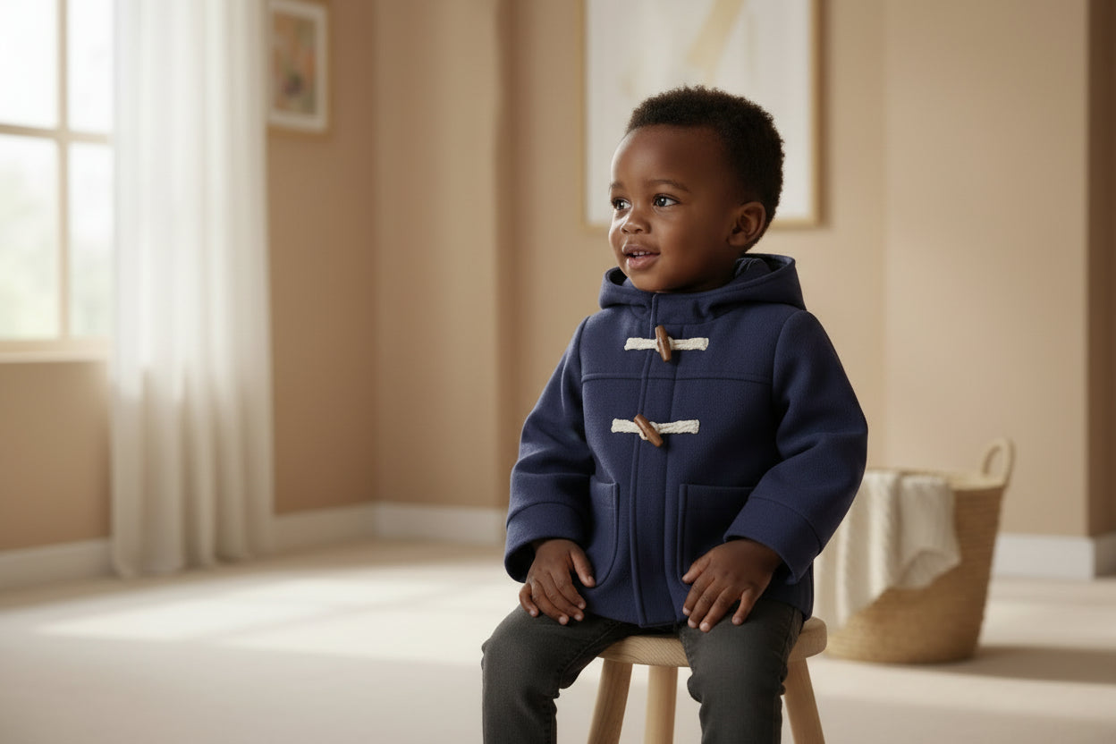 A solid navy-blue jacket with a hood displayed on a mannequin. The jacket has long sleeves and front pockets, made from wind-resistant fabric.