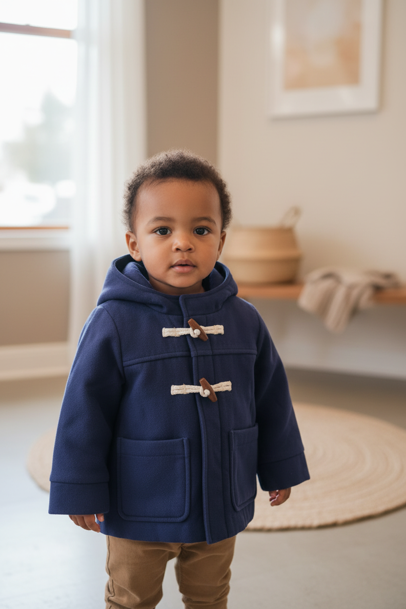 Child wearing a navy blue duffle coat indoors
