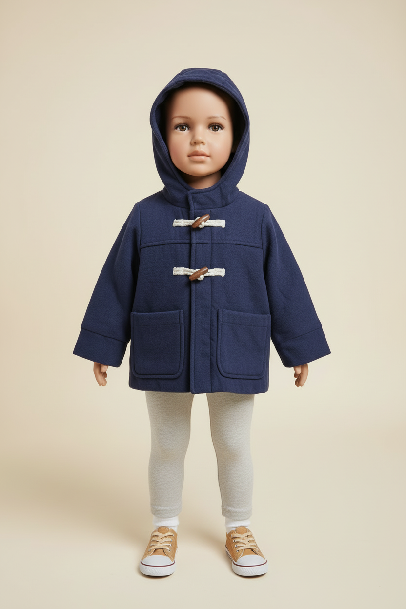 Child wearing a navy blue coat with a hood on a beige background