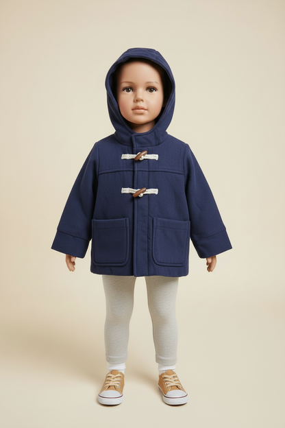 Child wearing a navy blue coat with a hood on a beige background