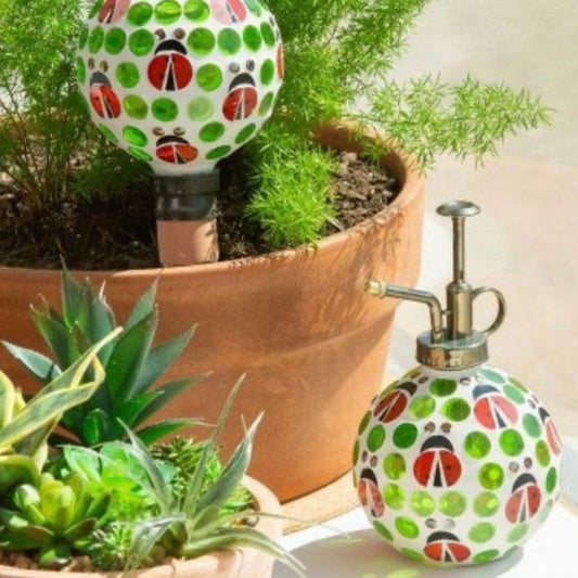 Evergreen set of 2 Mosaic watering globe with coordinated mister set, Ladybug
