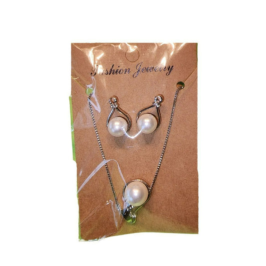 Silver-Tone Pearl Pendant Necklace & Matching Earrings Jewelry Set