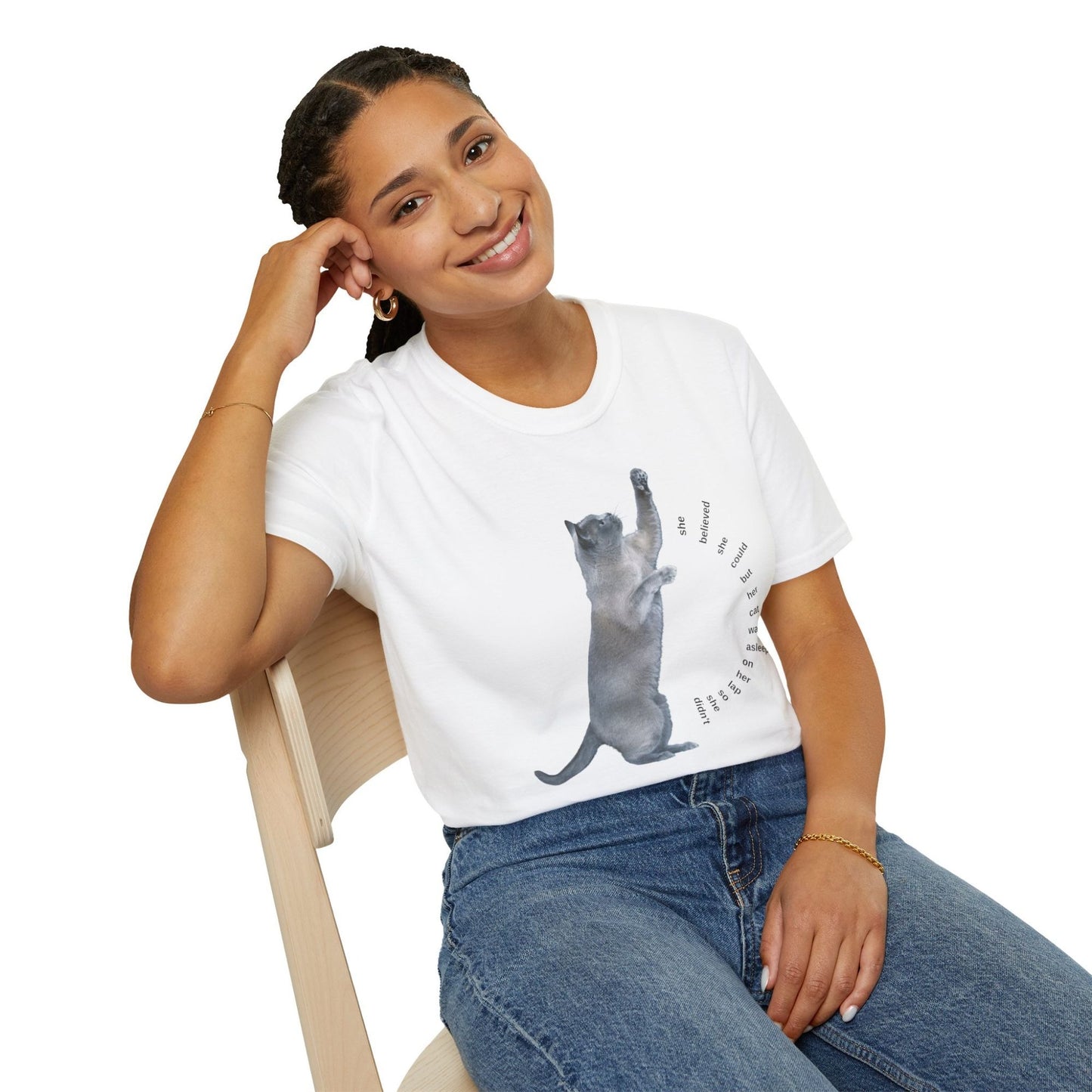 Funny Cat Lover T Shirt Cat Humor Shirt worn by a woman sitting on a chair with a playful cat design.
