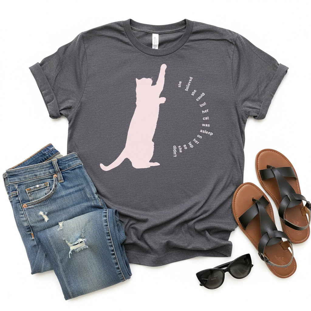 Funny Cat Lover T Shirt Cat Humor Shirt displayed on a stylish outfit with jeans, sandals, and sunglasses.