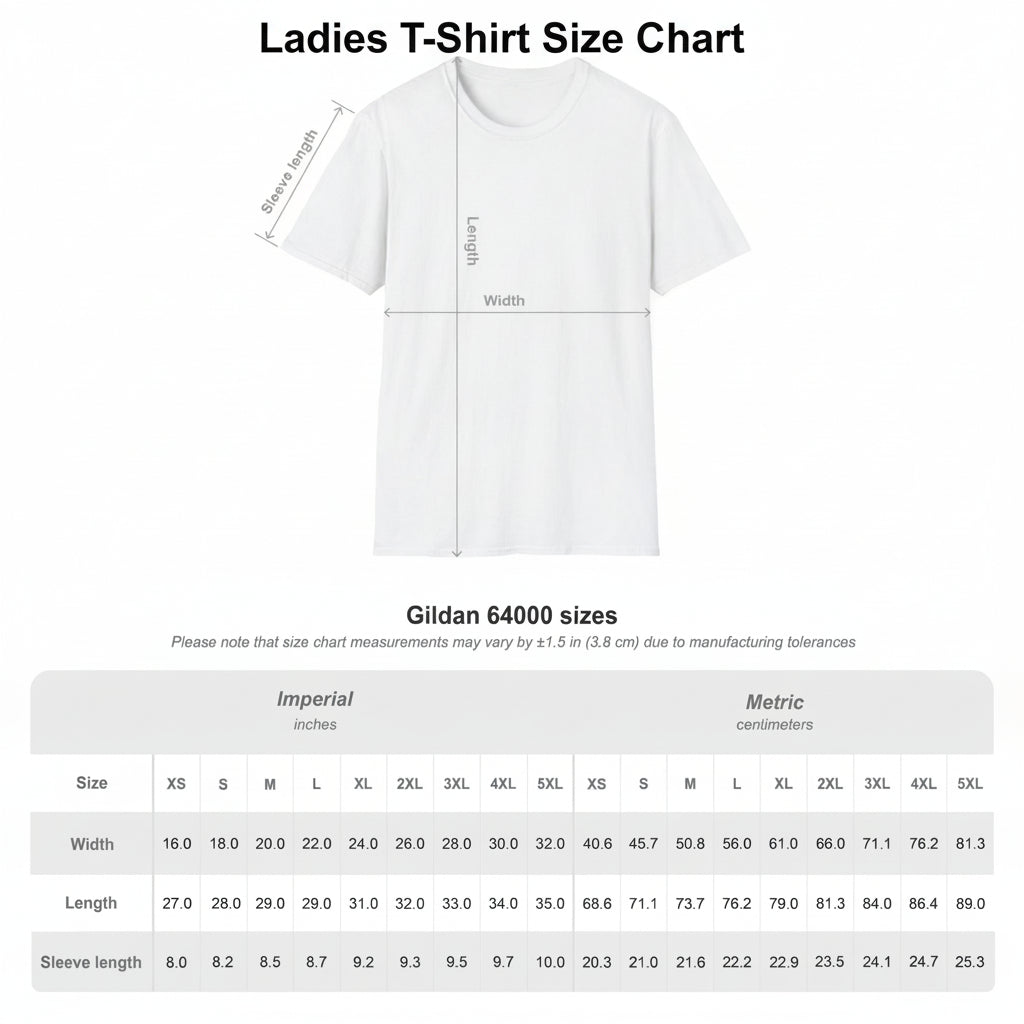 Ladies T-Shirt Size Chart for Funny Cat Lover T Shirt Cat Humor Shirt in Imperial and Metric measurements
