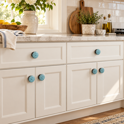Blue Ceramic Flower Cabinet Drawer Knobs Set Of 8  With Silver Hardware For Home Decor & Furniture