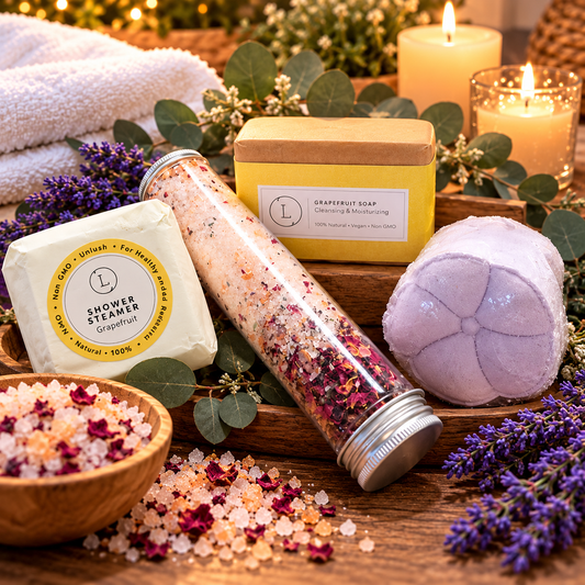 4 piece Lavender Spa Gift Set With Ornament Bath Bomb, Bath Salts, Soap & Shower Steamer