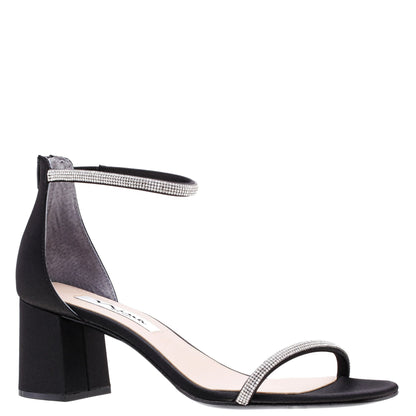 NINA BARBY  Black Satin Sandals With Crystals At Ankle And Vamp On a Block heel