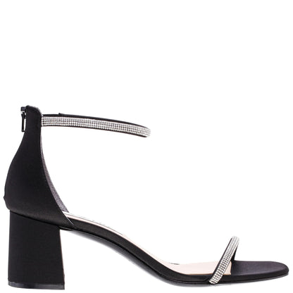 NINA BARBY  Black Satin Sandals With Crystals At Ankle And Vamp On a Block heel
