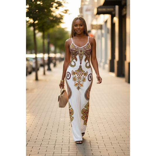Bohemian Paisley Print Women Sexy Bodycon Maxi Dress With Spaghetti Straps