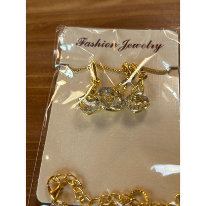 Gold Tone Necklace & Earrings Set With Clear Crystal Drops