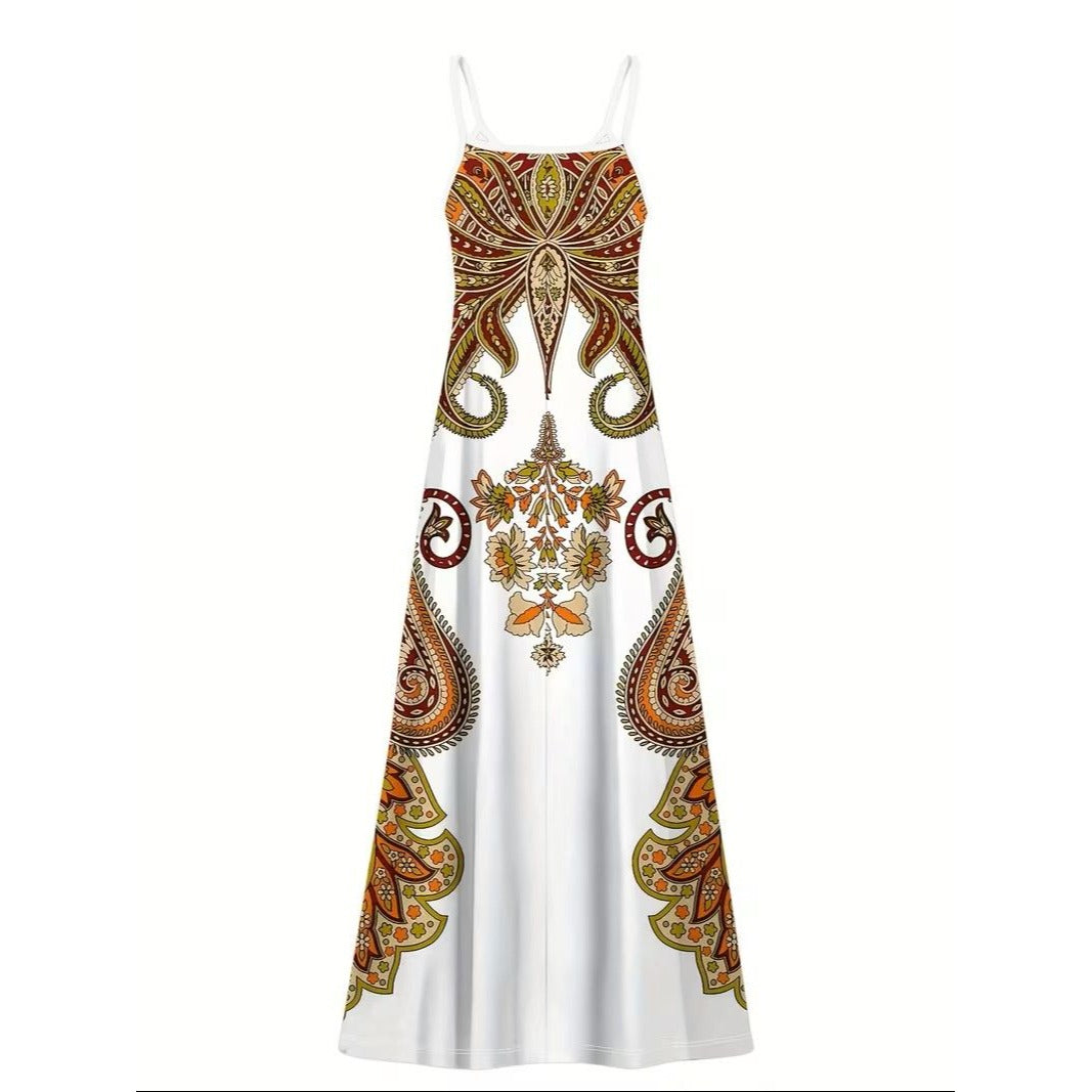 Boho Paisley Maxi Womens (M) Bodycon Spaghetti Strap Resort Summer Dress