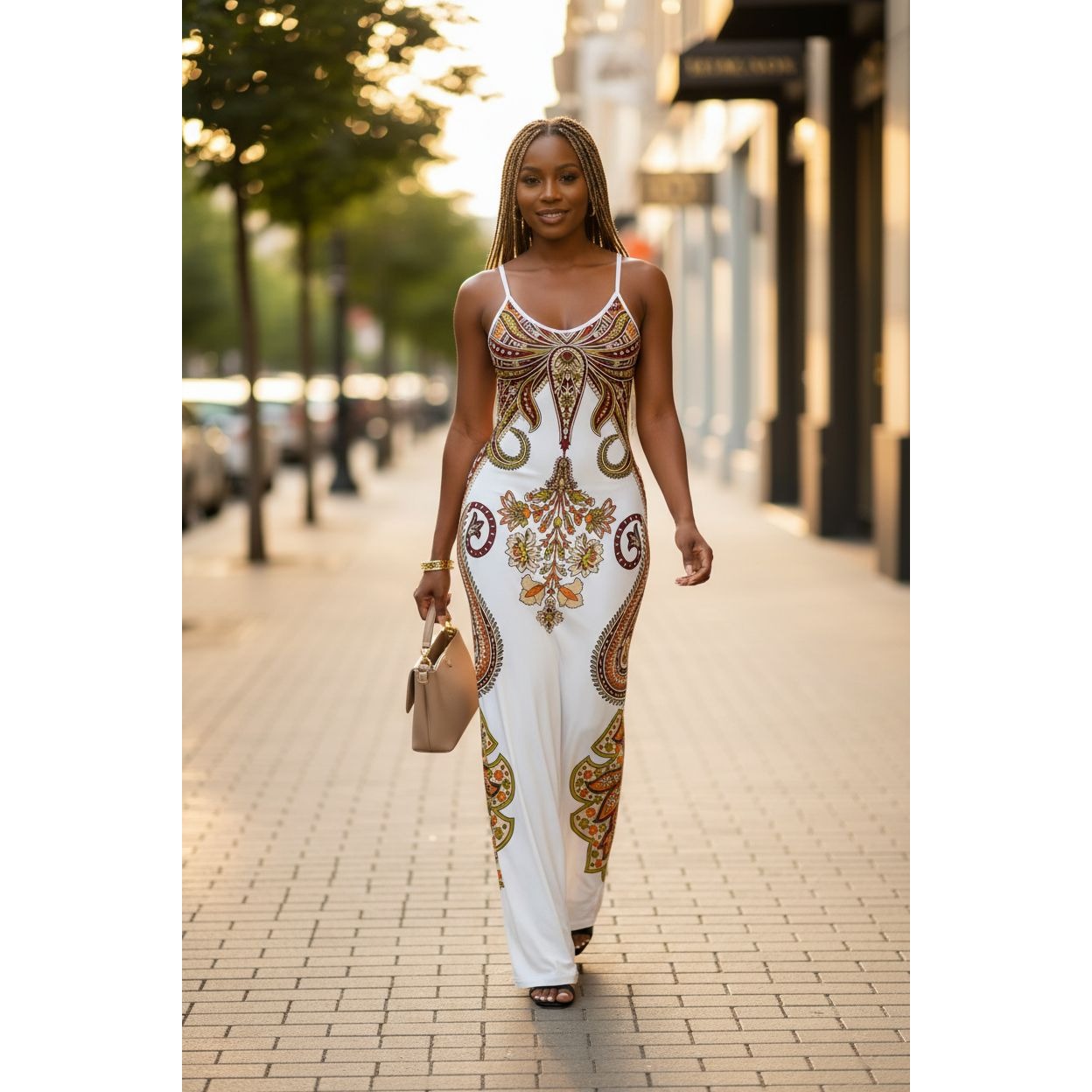 Boho Paisley Maxi Womens (M) Bodycon Spaghetti Strap Resort Summer Dress