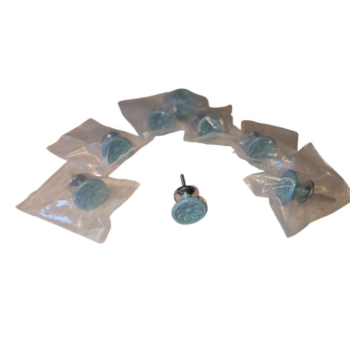 Blue Ceramic Flower Cabinet Drawer Knobs Set Of 8  With Silver Hardware For Home Decor & Furniture