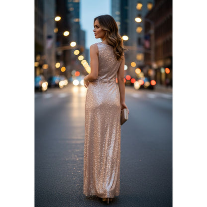 Kay Unger Champagne Gold Sequin Evening Gown Size 6 Cowl Neck Formal Dress Prom Wedding Guest