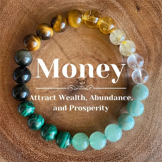 Natural Gemstone Beaded Bracelet For Wealth Abundance & Prosperity With Tiger Eye, Malachite and Aquamarine