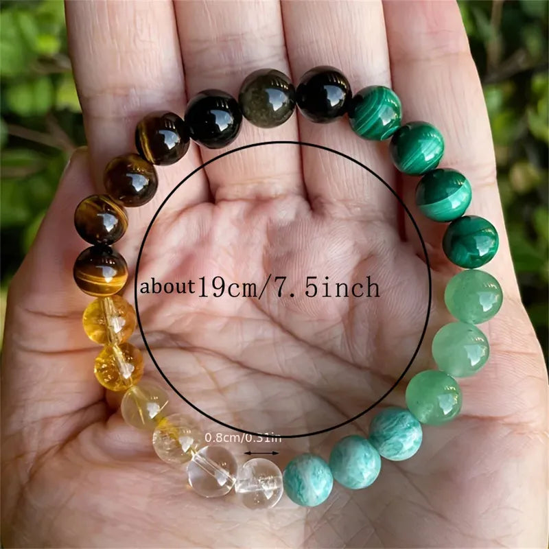 Natural Gemstone Beaded Bracelet For Wealth Abundance & Prosperity With Tiger Eye, Malachite and Aquamarine
