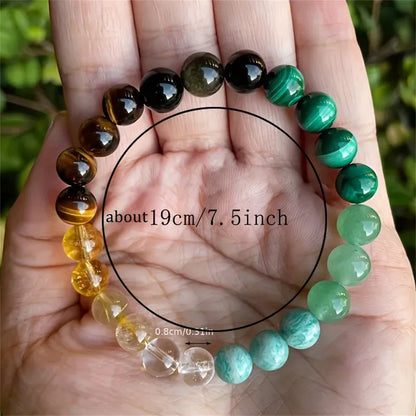 Natural Gemstone Beaded Bracelet For Wealth Abundance & Prosperity With Tiger Eye, Malachite and Aquamarine