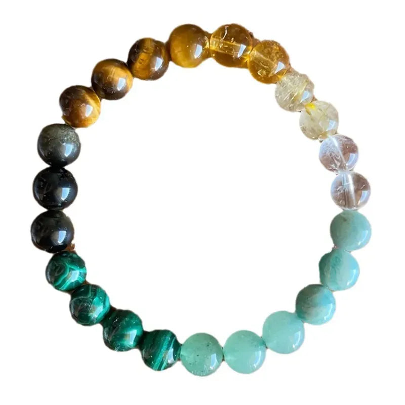 Natural Gemstone Beaded Bracelet For Wealth Abundance & Prosperity With Tiger Eye, Malachite and Aquamarine