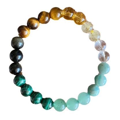 Natural Gemstone Beaded Bracelet For Wealth Abundance & Prosperity With Tiger Eye, Malachite and Aquamarine