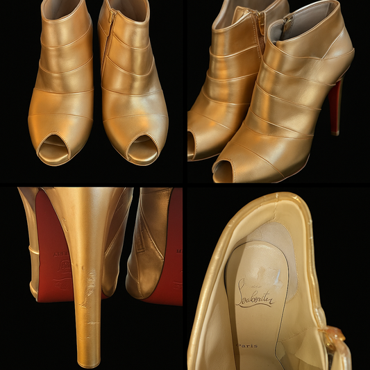Christian Louboutin Robot 120 Miroire Gold Peep Toe Booties – Size 38 – Iconic Style
